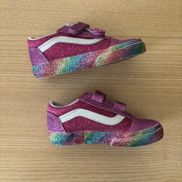 Vans Toddler Old Skool V Sneakers Pink Rainbow Glitter With Velcro Straps Size 8 - Picture 12 of 14